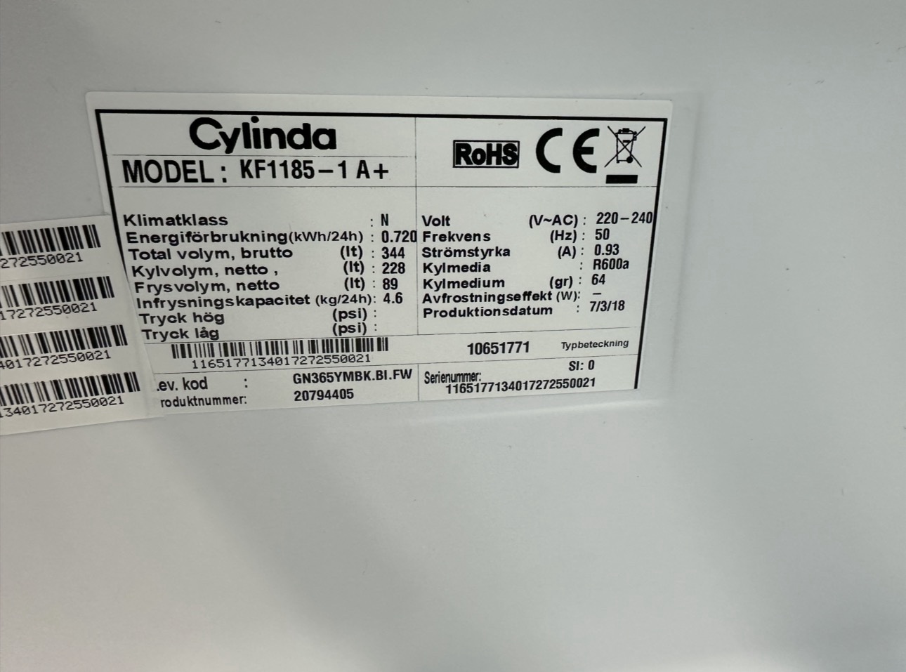 Cylinda kyl/frys – 185 cm – Begagnad - Bild 11