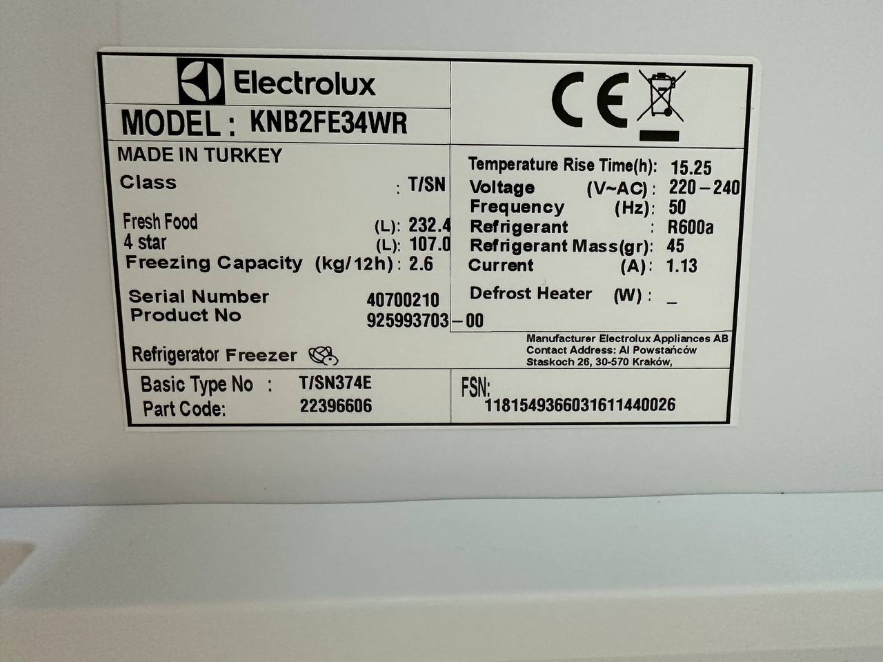 Begagnad Electrolux Kyl/Frys 339L DynamicAir - Bild 8