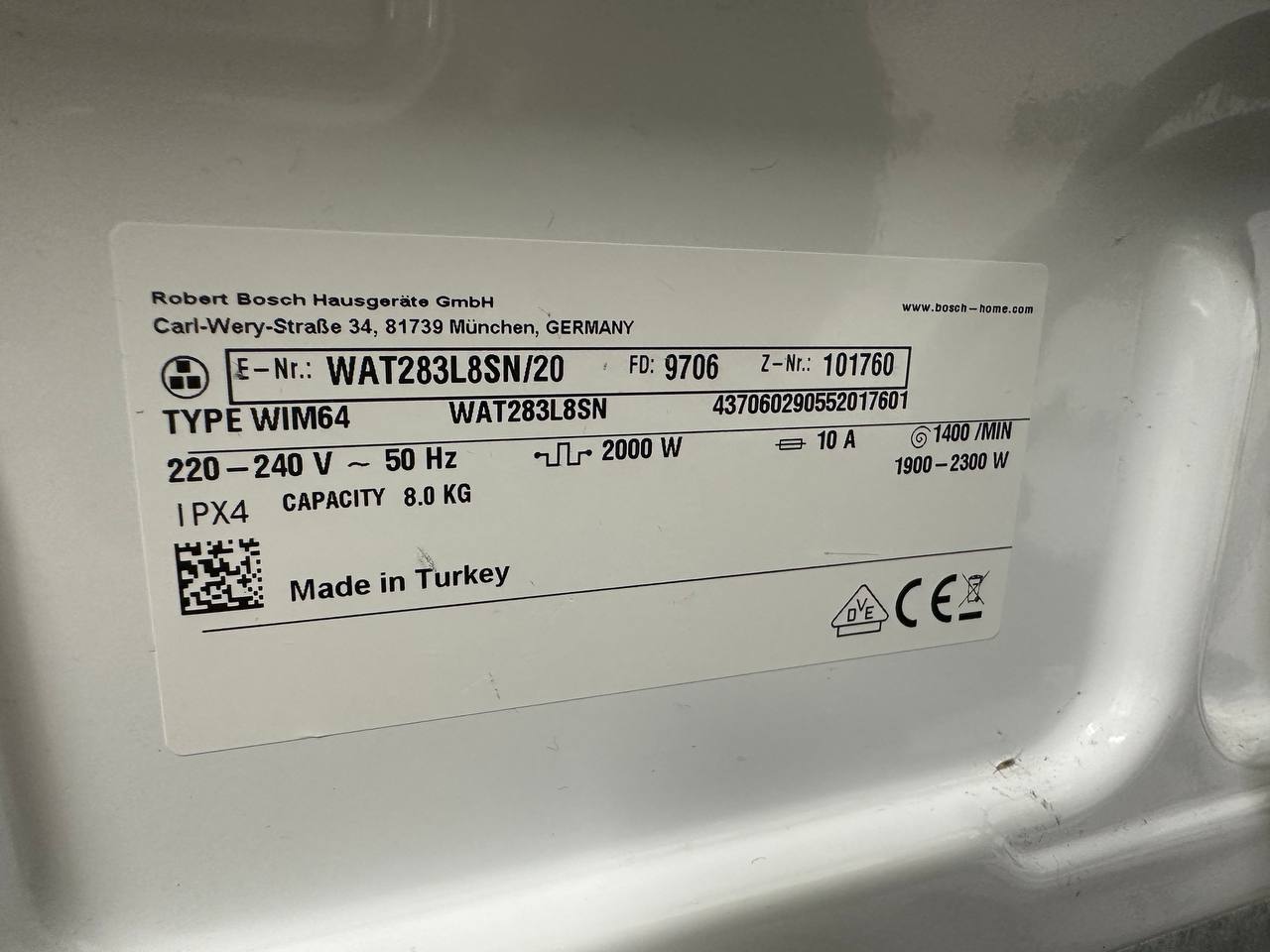 Bosch WAT283L8SN/20 modellskylt