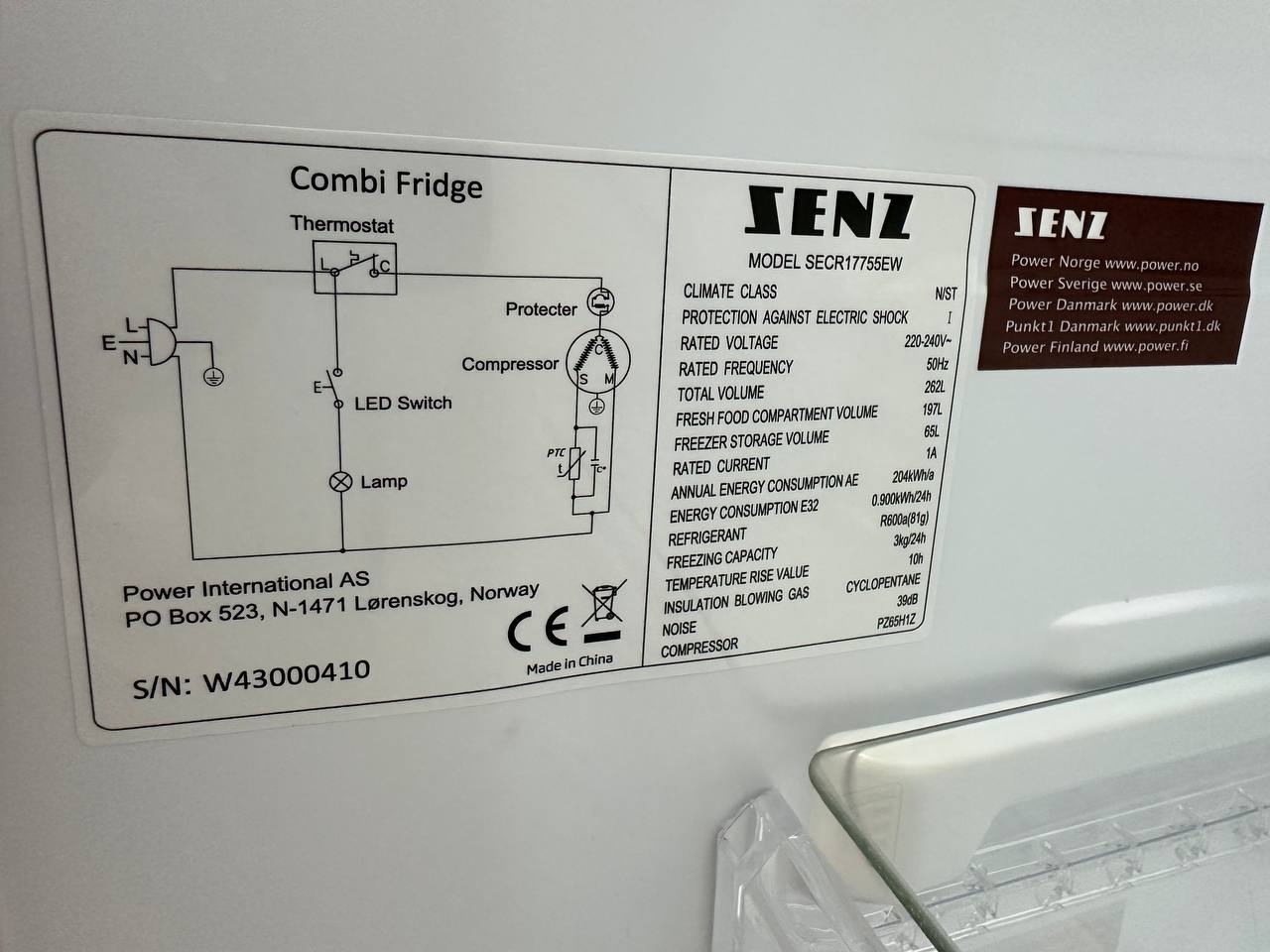 Senz SECR17755EW kyl/frys