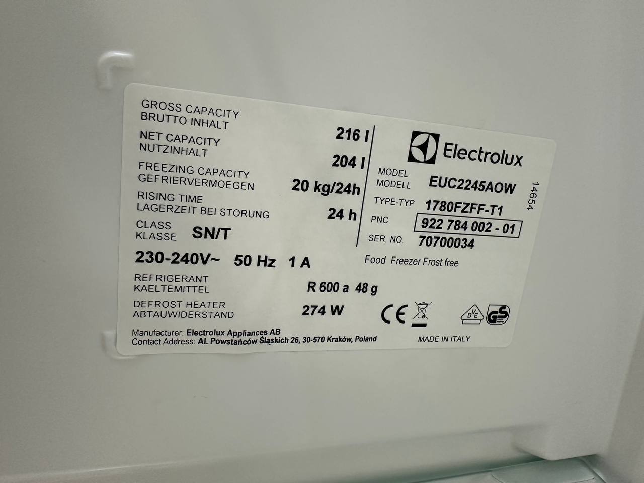 Typskylt Electrolux EUC2245AOW 922784002-01