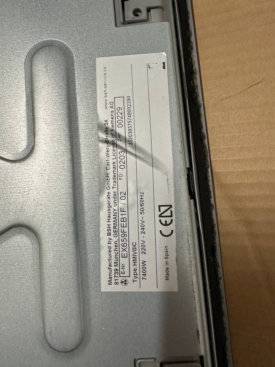Siemens iQ700 EX659FEB1F modellskylt