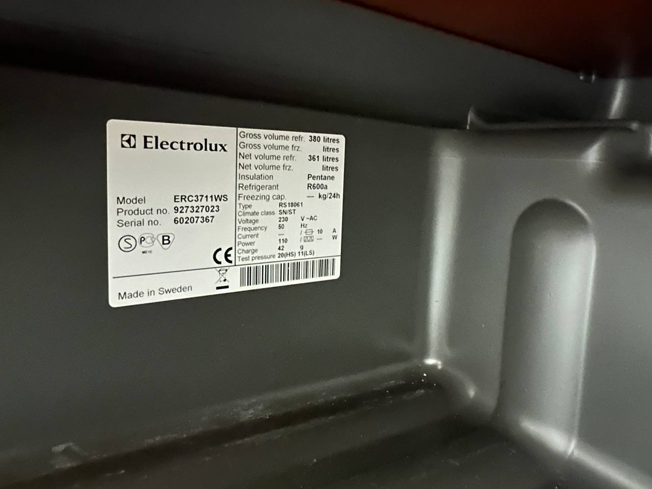 Typskylt Electrolux ERC3711WS 927327023