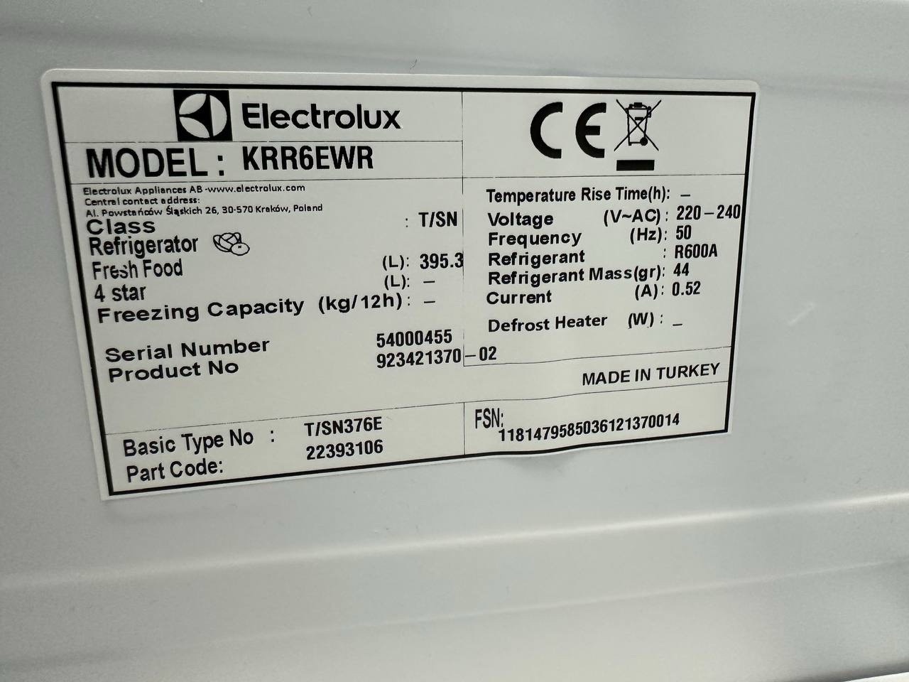 Begagnat Electrolux kylskåp – 395 liter – DynamicAir - Bild 2