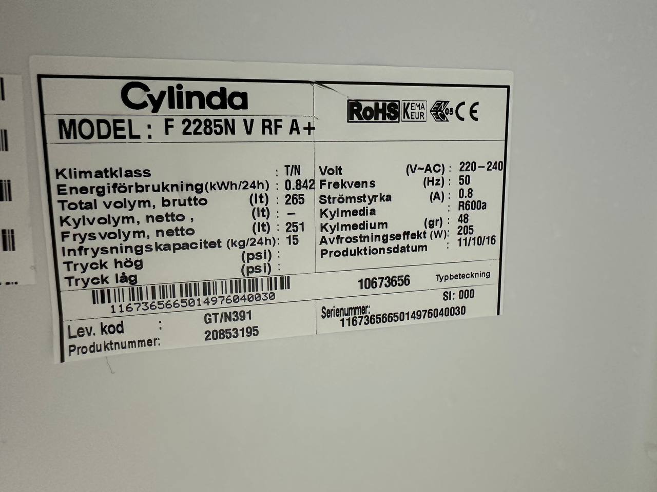 Typskylt Cylinda F 2285N V RF A+
