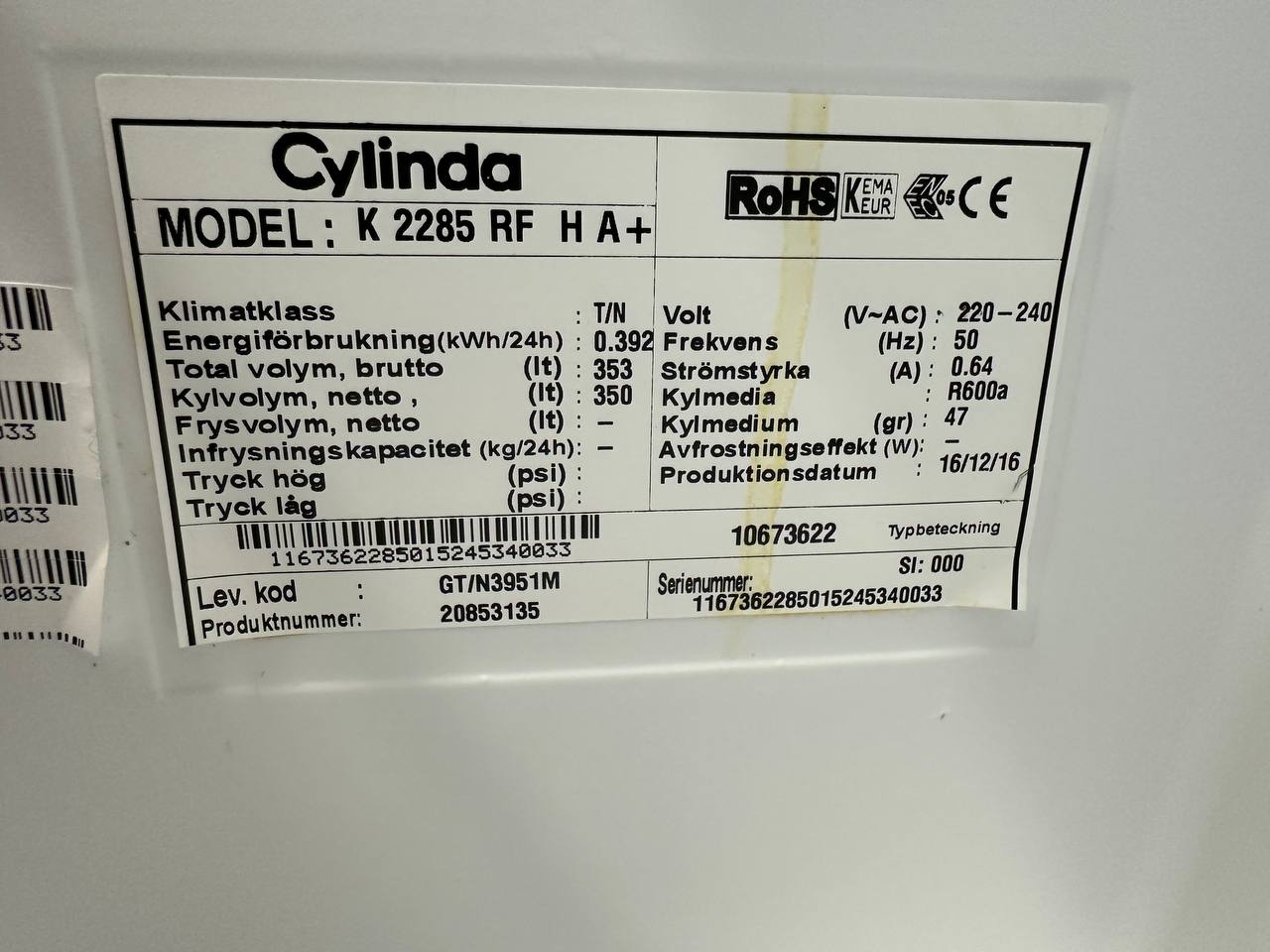 Typskylt Cylinda K 2285 RF H A+