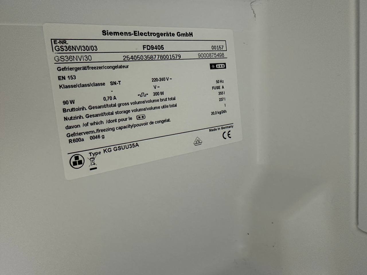 Typskylt Siemens GS36NVI30/03 frysskåp