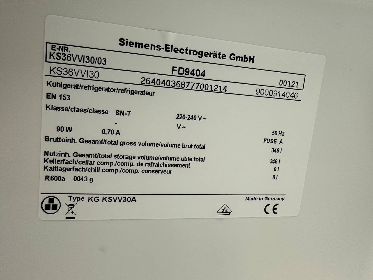 Typskylt Siemens KS36VVI30/03 kylskåp 346 liter