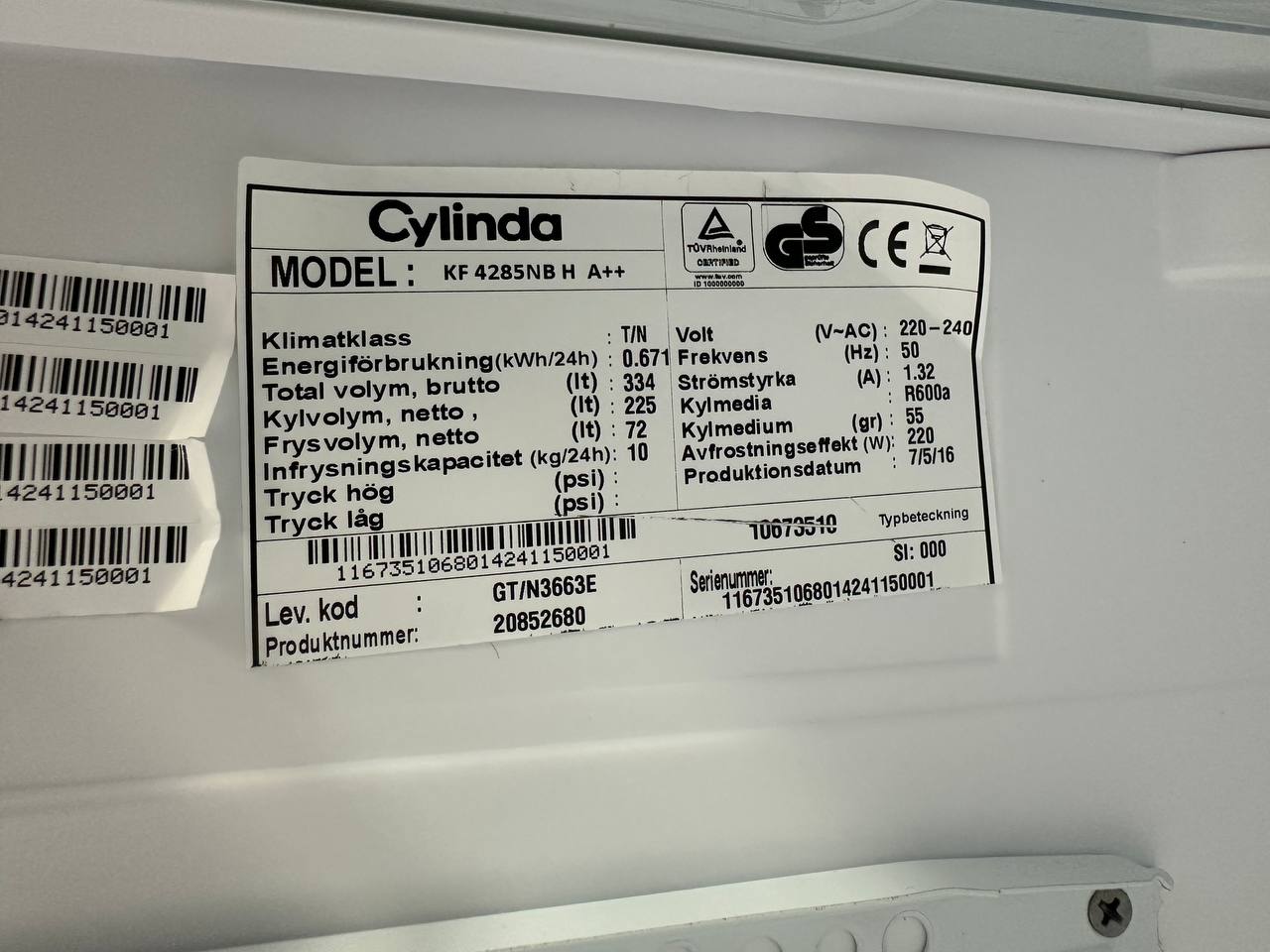 Cylinda KF 4285NB H A++ typskylt