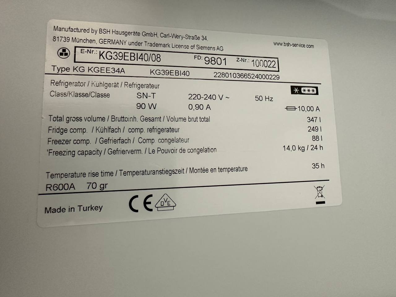 Siemens KG39EBI40 modellskylt