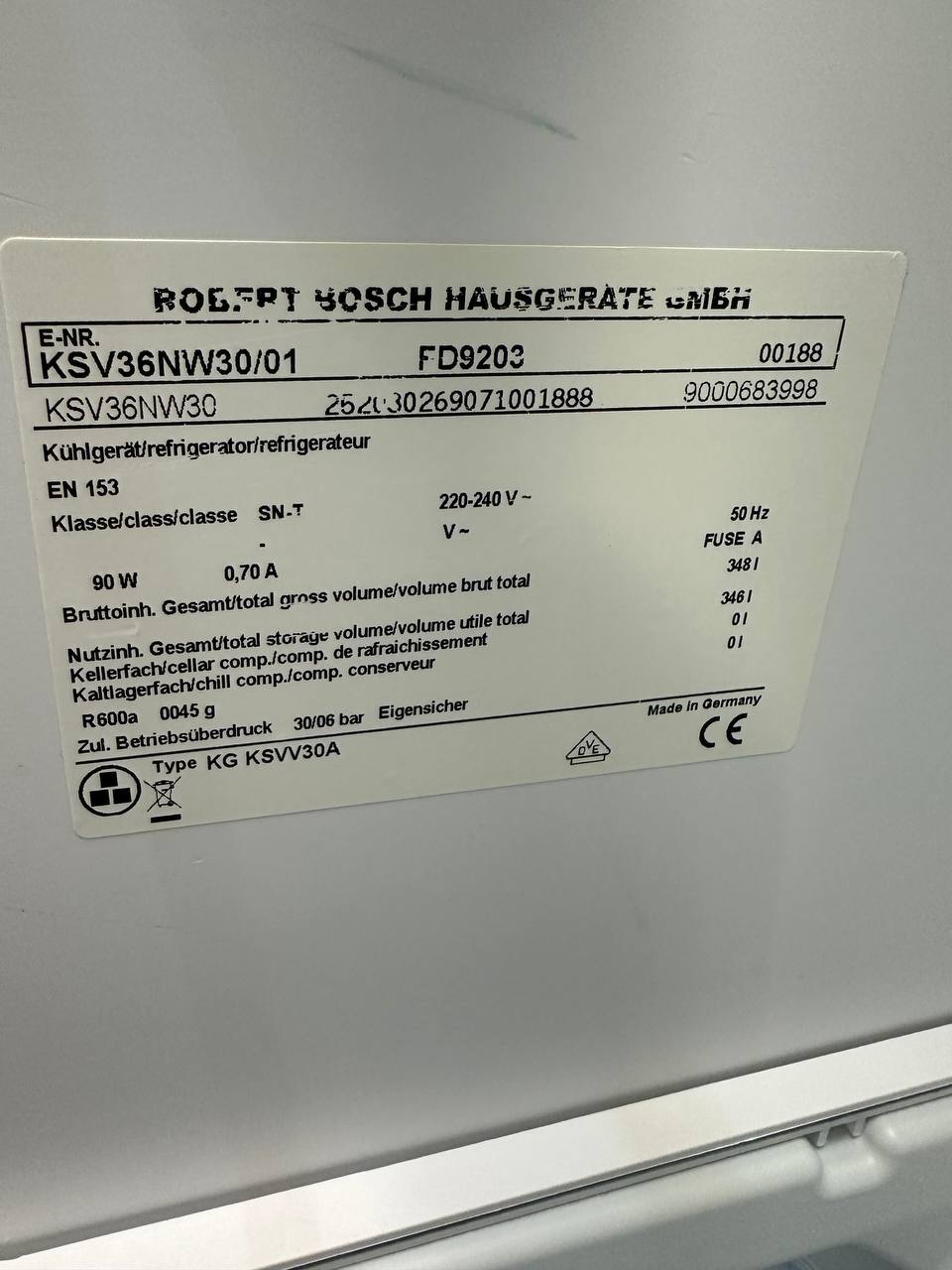 Bosch KSV36NW30 modellskylt