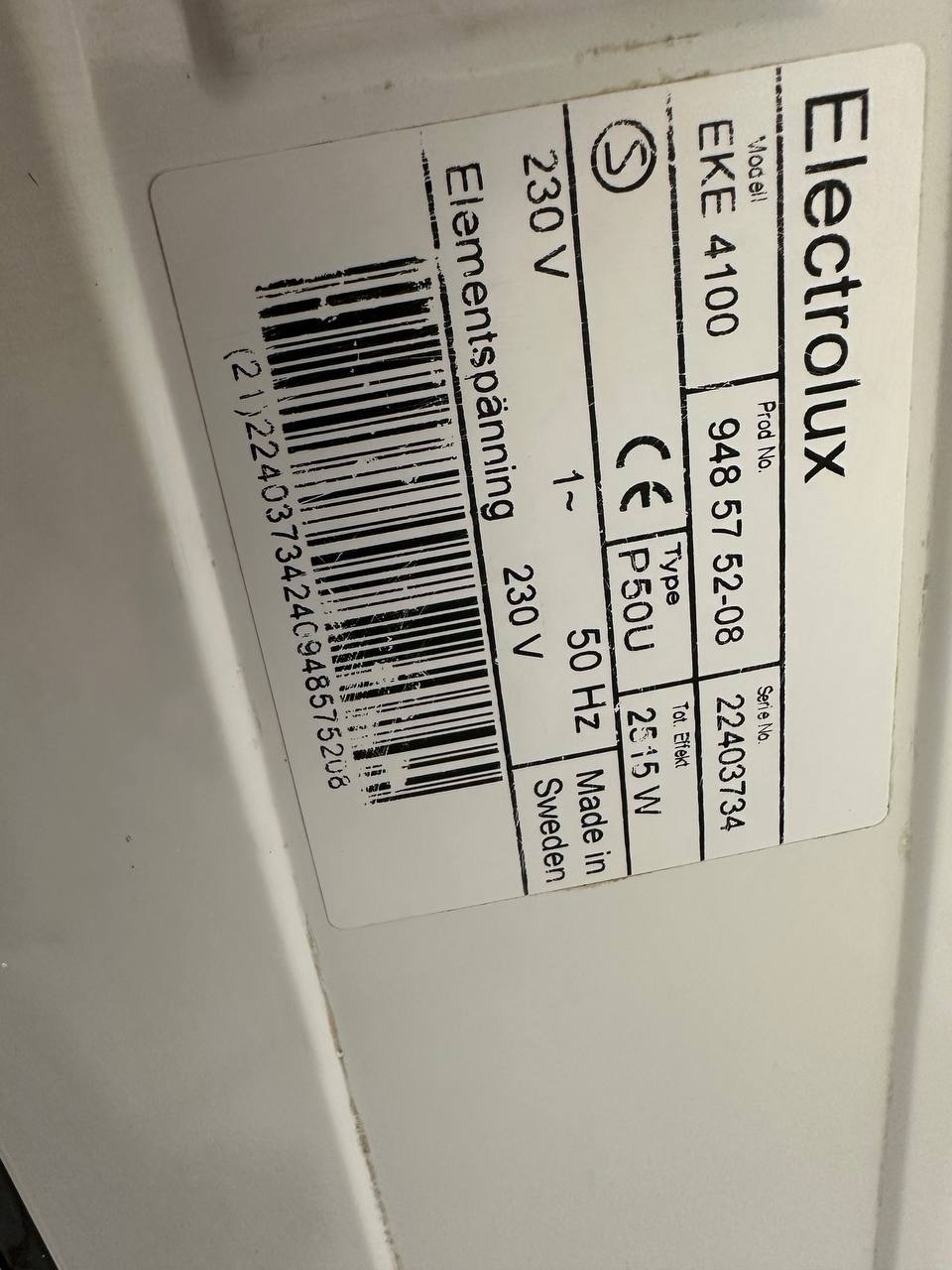Electrolux EKE 4100 modellskylt och produktnummer