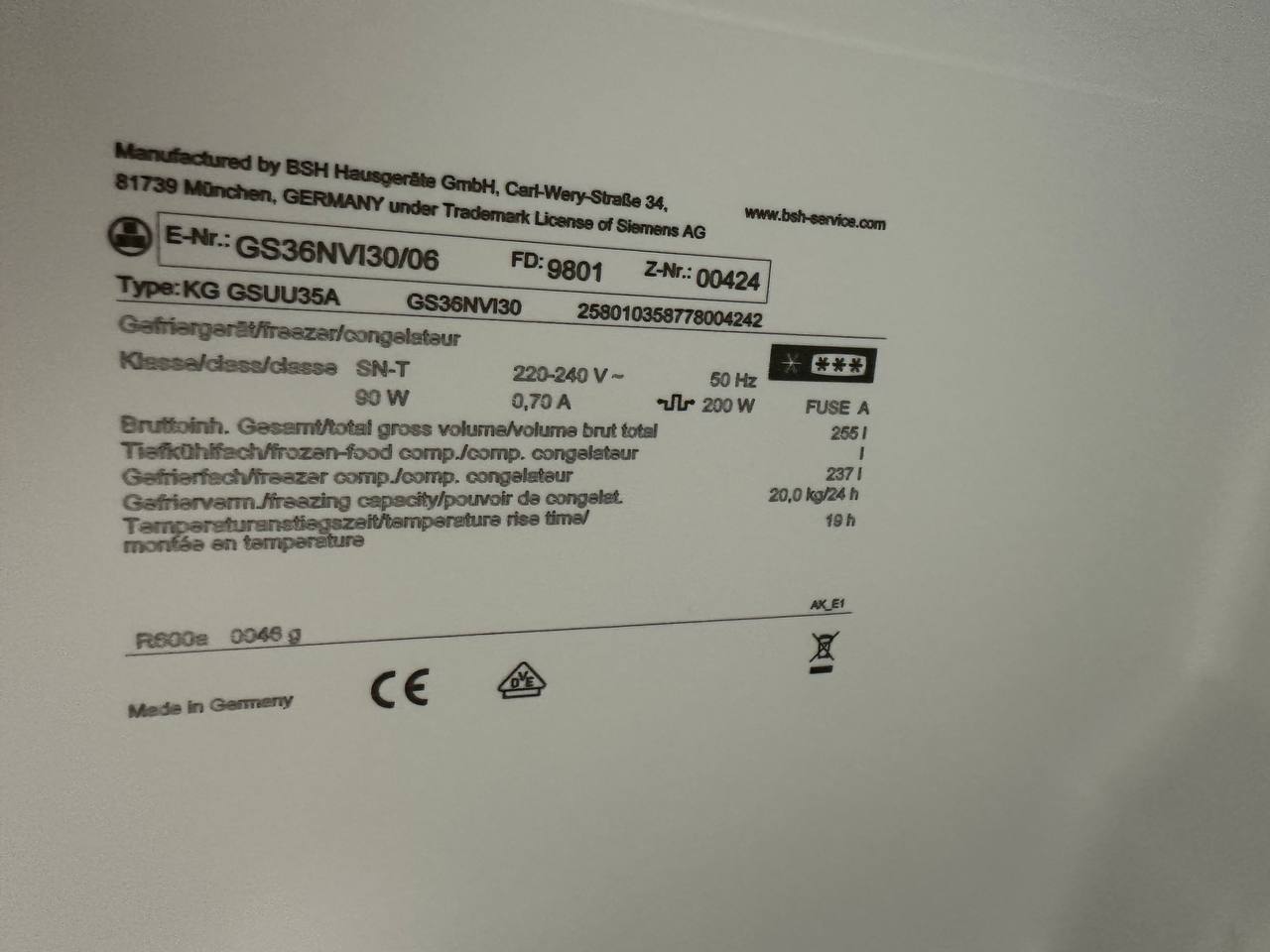Siemens GS36NVI30/06 modellskylt