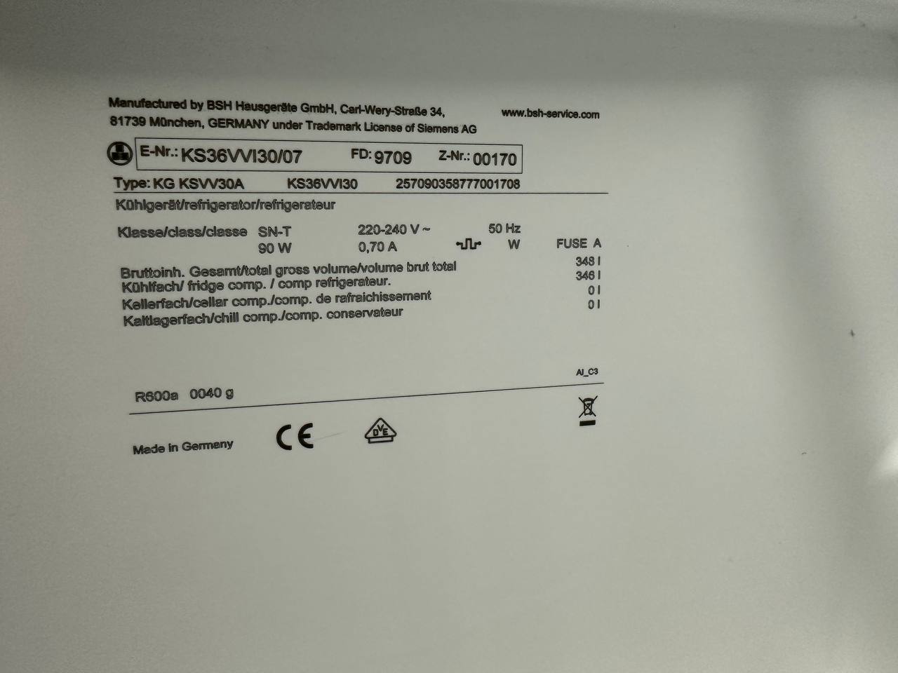 Siemens KS36VVI30/07 modellskylt