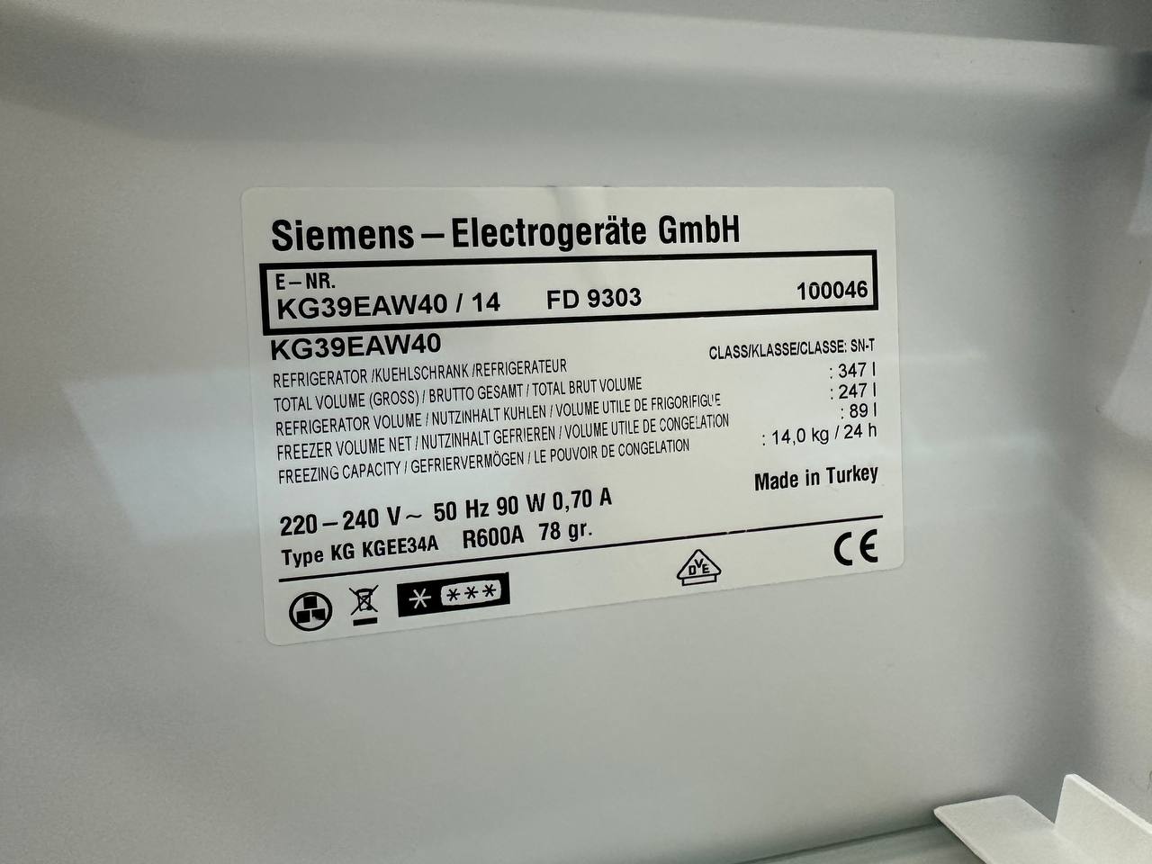 Siemens KG39EAW40/14 kyl frys modellskylt
