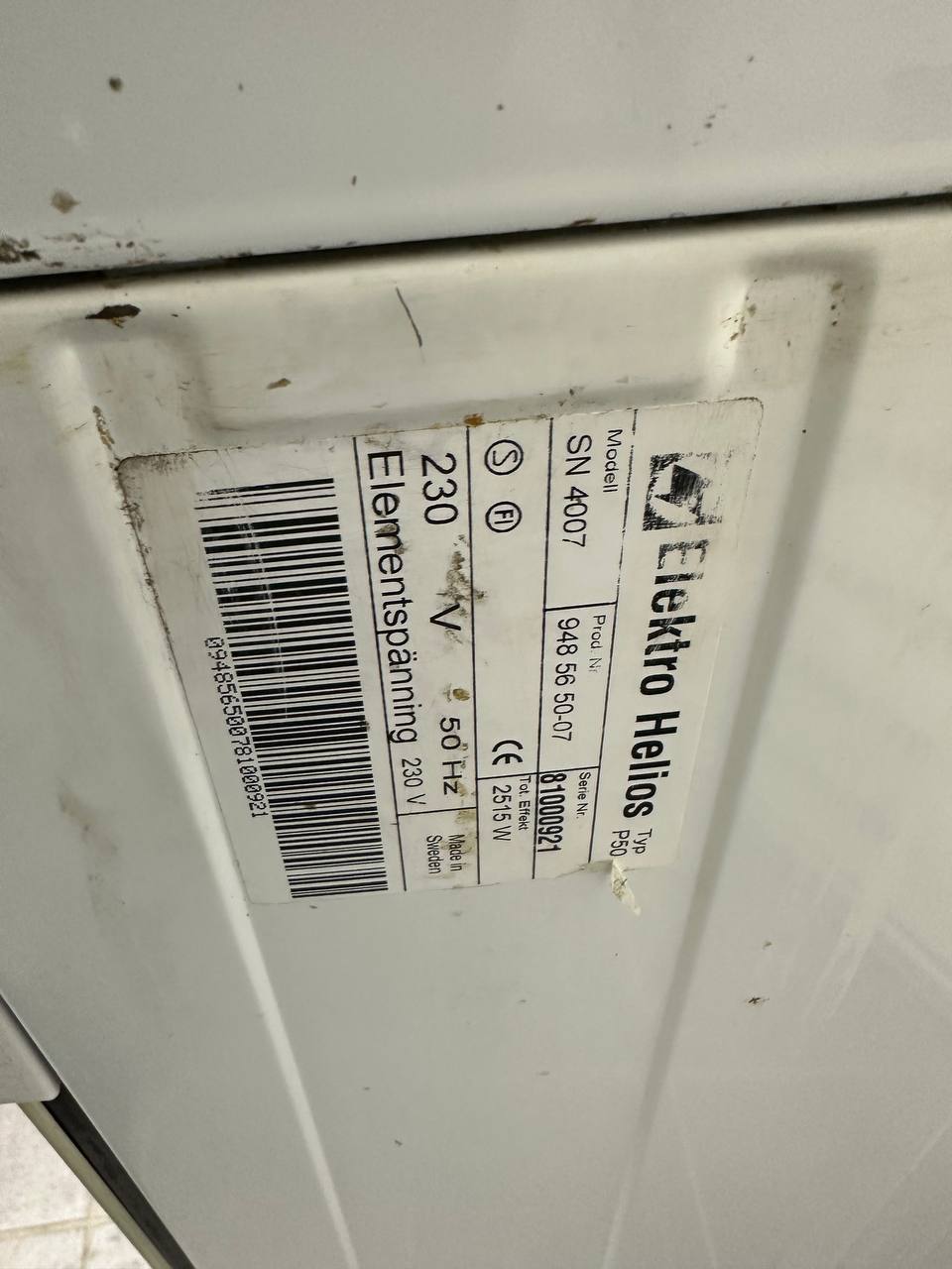 Elektro Helios SN 4007 produktetikett och modellnummer