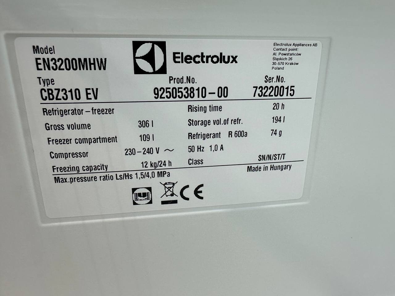 Electrolux EN3200MHW produktetikett med modellnummer