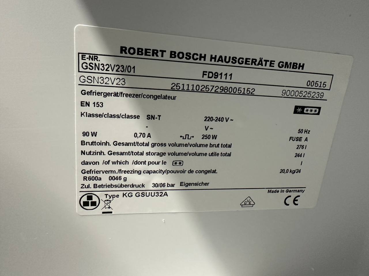 Märkskylt Bosch KSR38V11 kylskåp